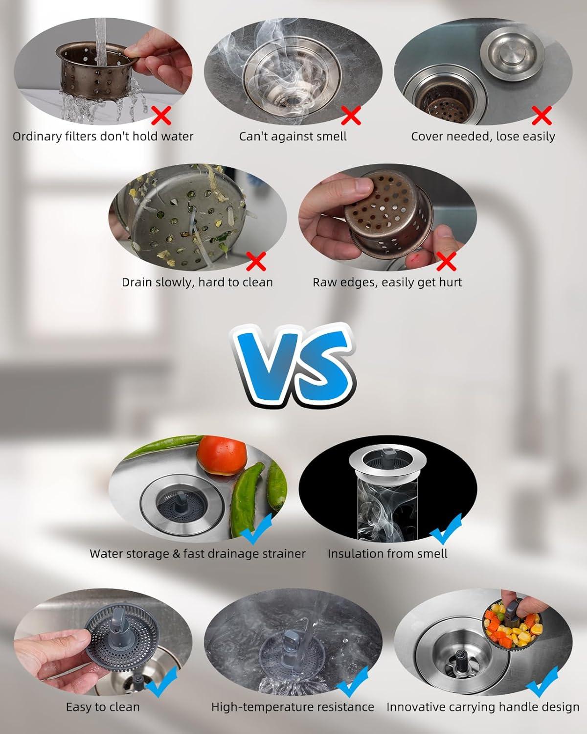 Hibbent 3-in-1 Kitchen Sink Drain Strainer  Stopper , Stainless Steel Pop-Up Design, Anti-Clogging Metal Basket with Handle, Compatible with US Standard 3-1/2" Drain