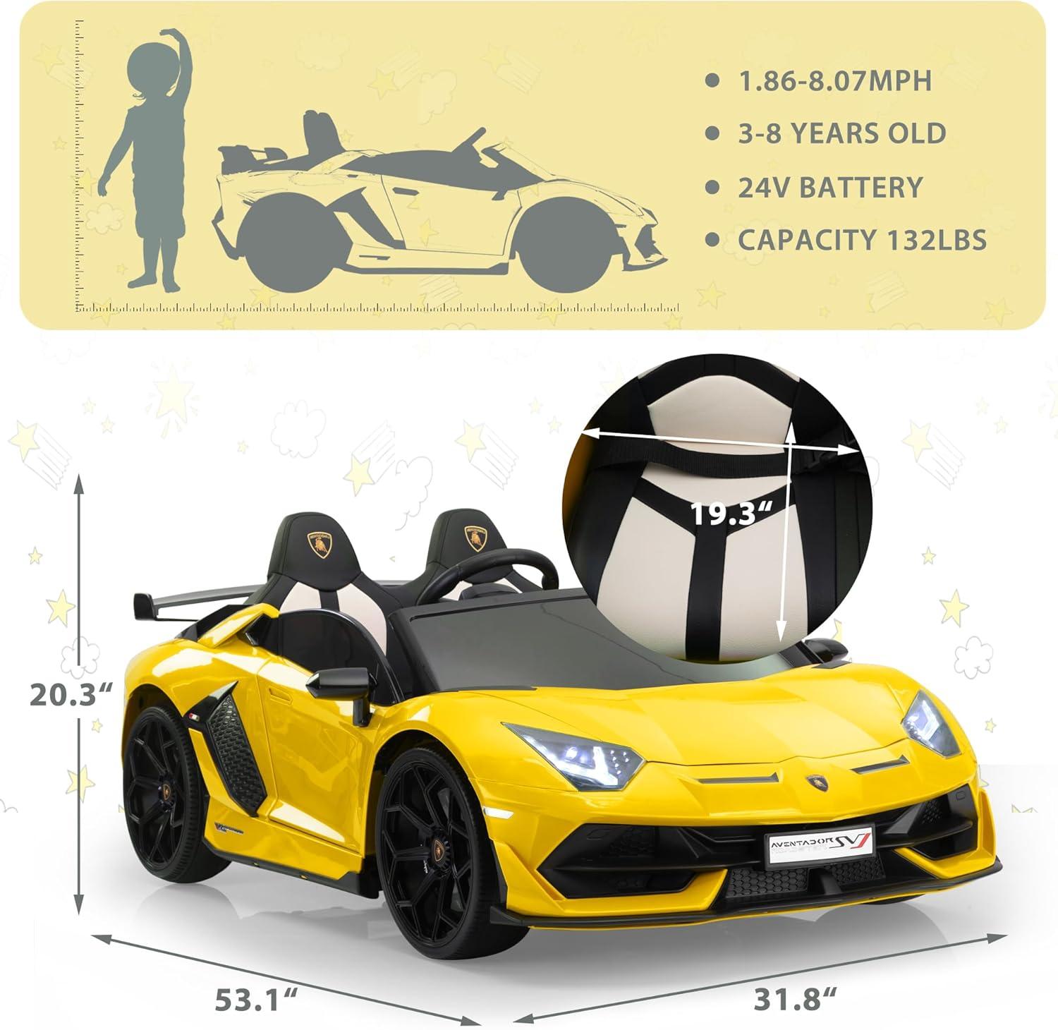 Tobbi 24V Lamborghini 2-seater Battery Powered Ride on with High/Low speed switch, Slow start function, Battery level display, MP3, USB, Light Drift Car for Kids 3-8