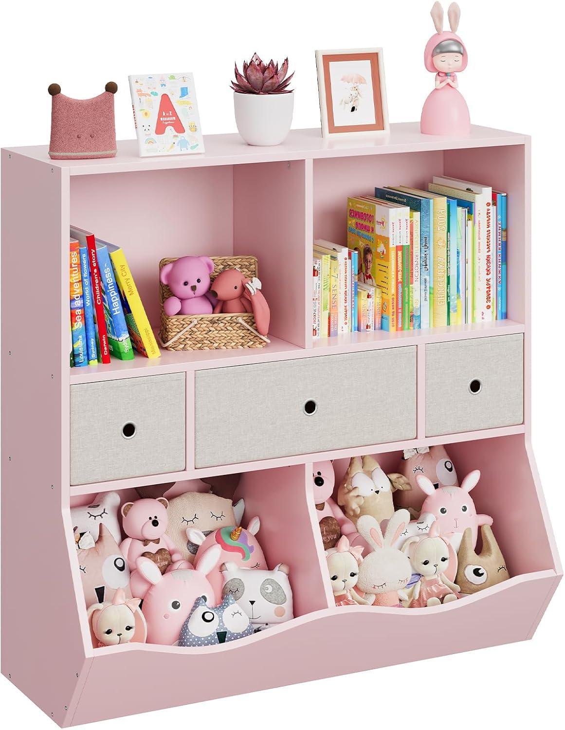 3-Tier Kids Bookshelf, Toy Storage Organizer with 3 Drawers,Wooden Bookcase with Large Toy Storage Cabinet for Playroom