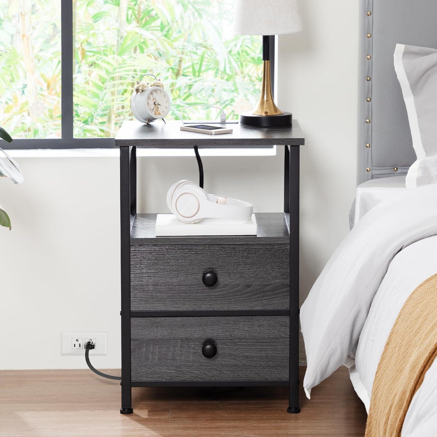 Dark Gray Metal Frame Nightstand Set with Charging Station