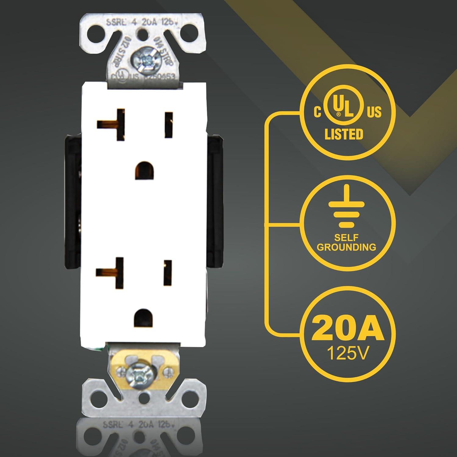 Faith [10-Pack] Duplex Receptacle Outlet, Non-Tamper-Resistant 3-Prong Outlet Receptacle, 3-Wire, Self-Grounding, 2-Pole,20A 125V, UL Listed, White