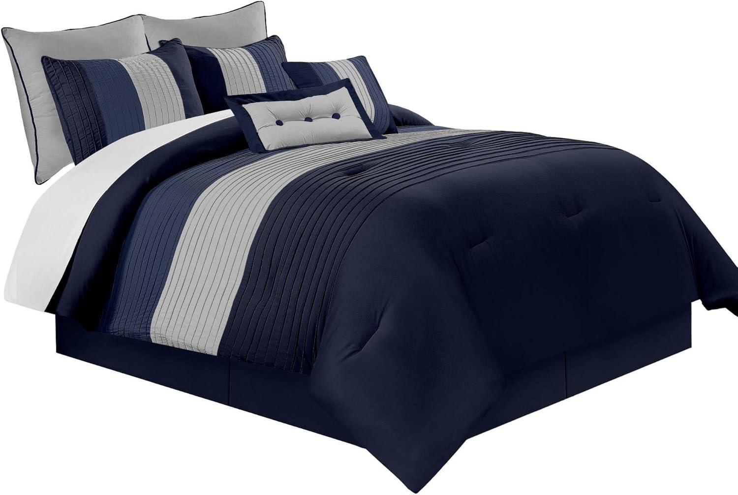 Navy and Gray Queen 8-Piece Striped Comforter Set