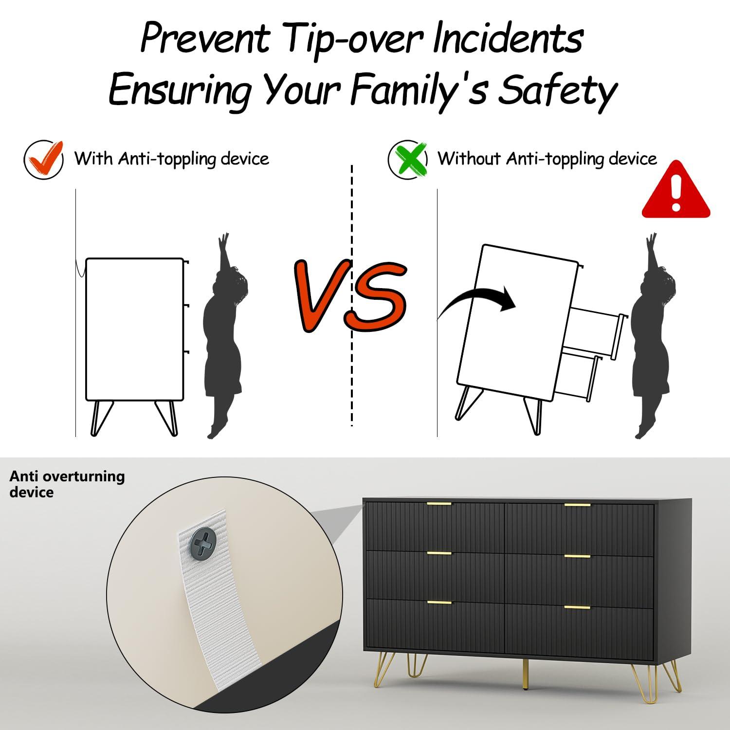 Black Dresser, Modern 6-Drawer Dresser for Bedroom with Gold Handles, Wide Chest of Drawers for Living Room