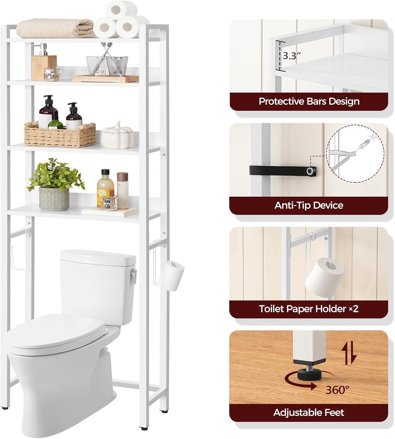 Over The Toilet Storage Rack, 4 Tier Bathroom Organizer Over Toilet, Freestanding Space Saver Toilet Stand with 2 Hooks, Bathroom Storage Shelf, Easy to Assemble, White TSBW0401