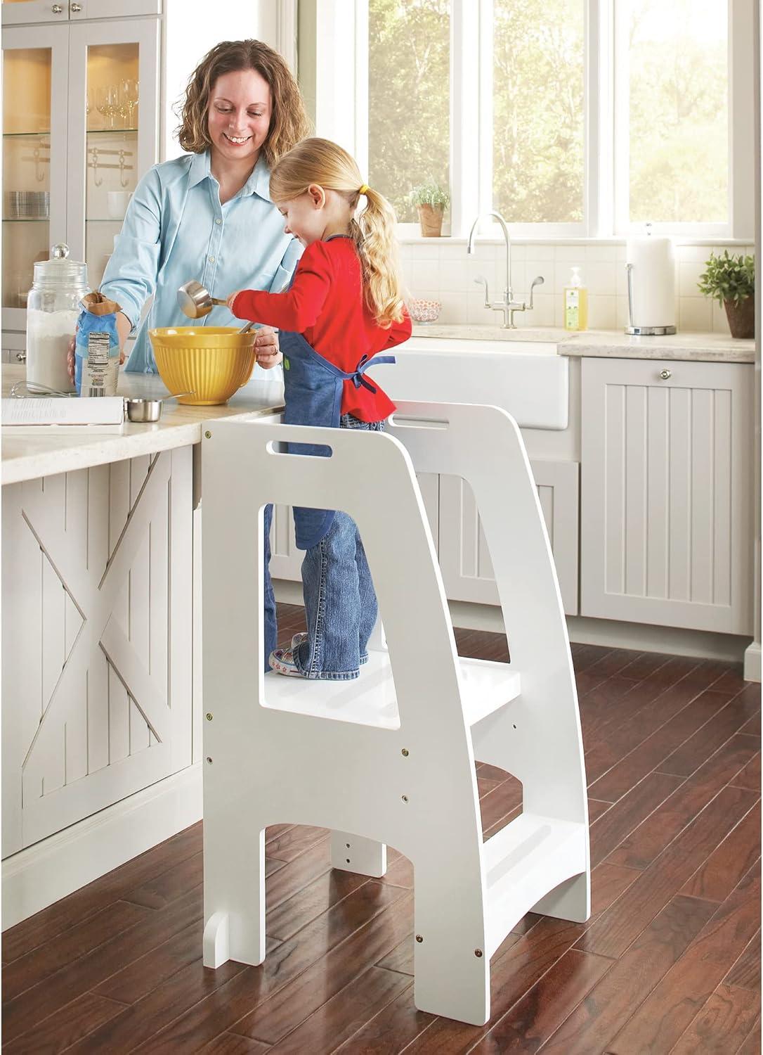 White Wooden Adjustable Height Kids Step Stool with Safety Rails