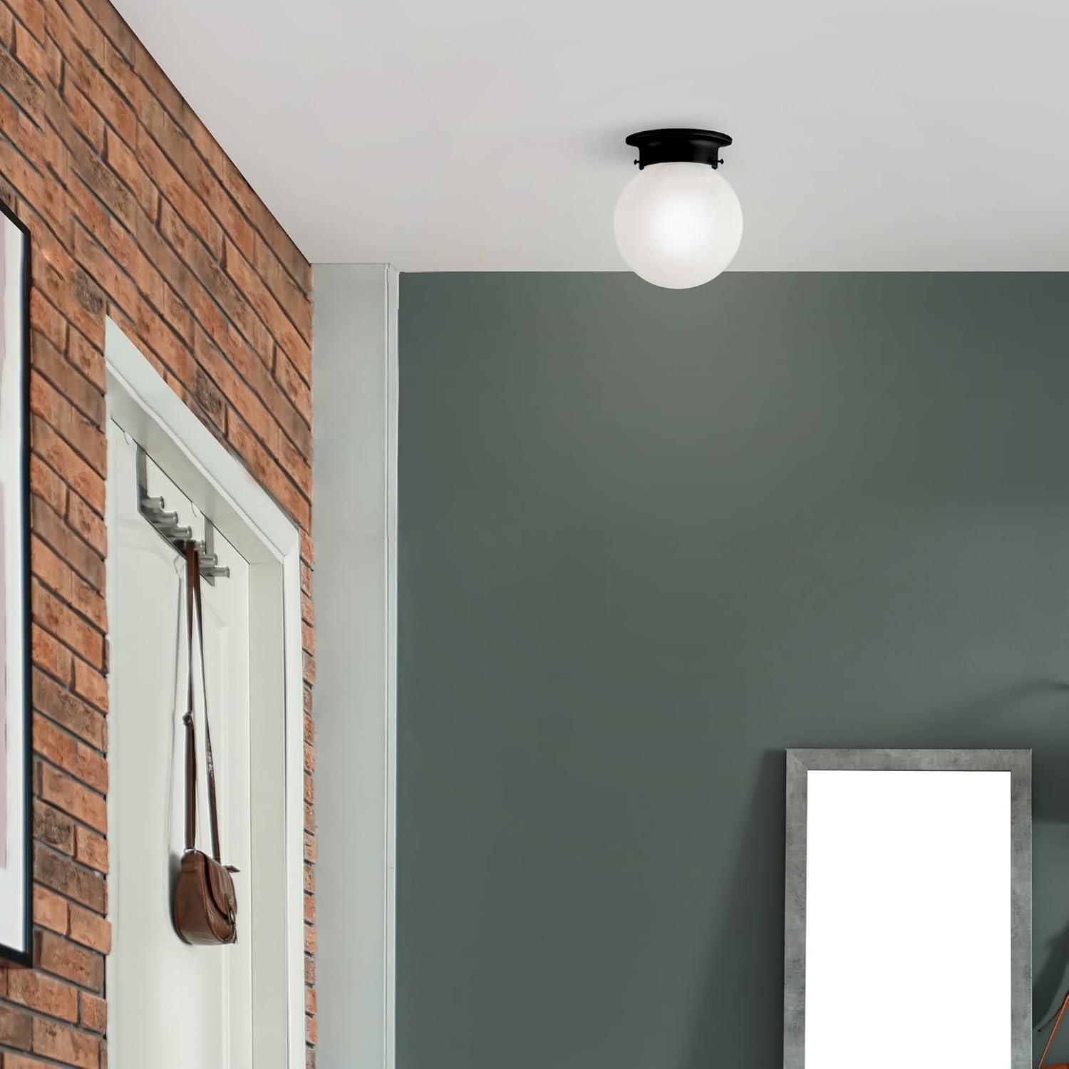 Matte Black Modern Globe Ceiling Light with Alabaster Glass Shade