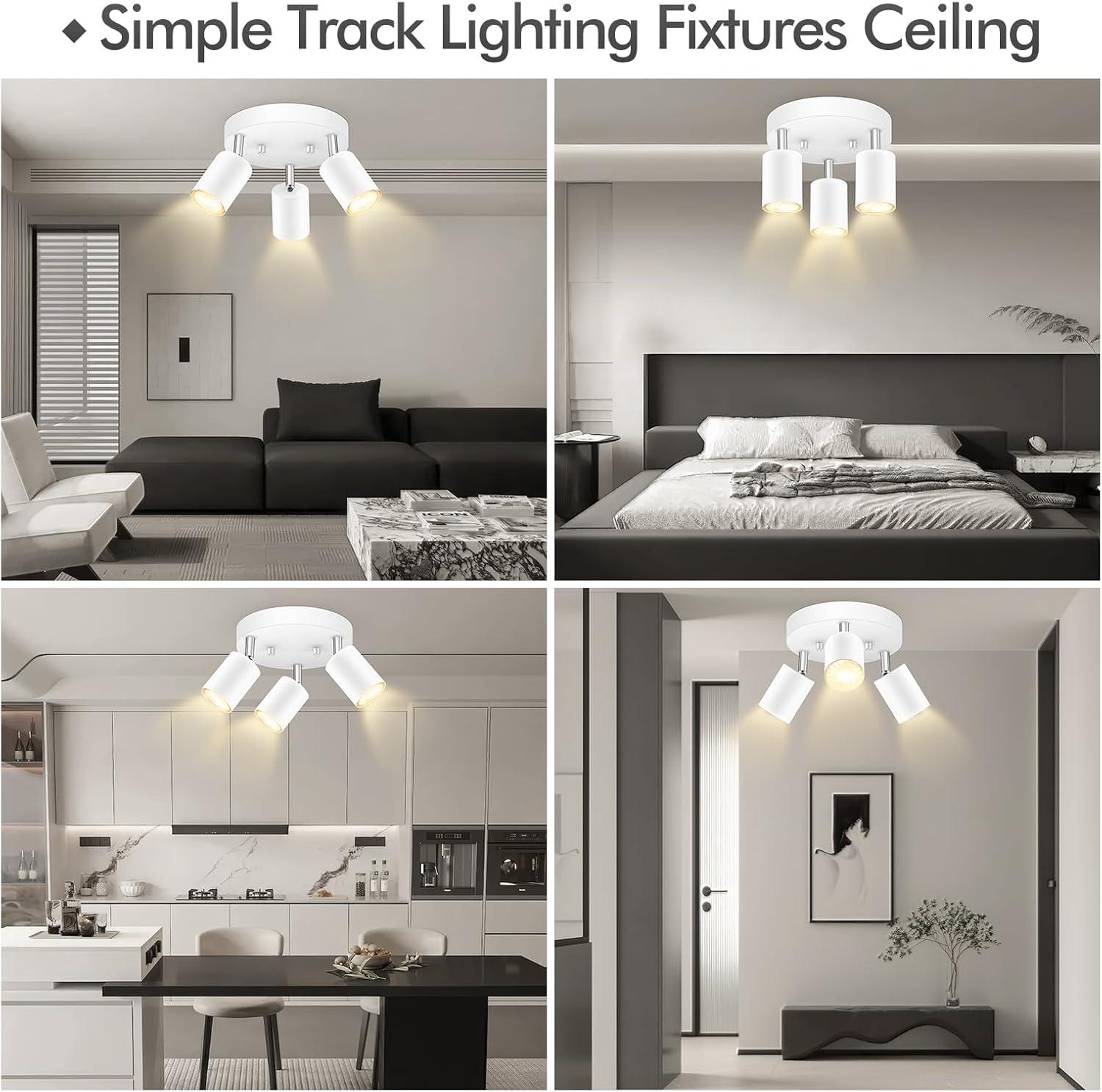 LED 3 Light Track Lighting Kit, LED Track Lighting Fixtures, White Round Ceiling Spot Lighting, Flexibly Rotatable Light Head for Kitchen, Living Room, Bedroom, GU10 Bulb Not Included