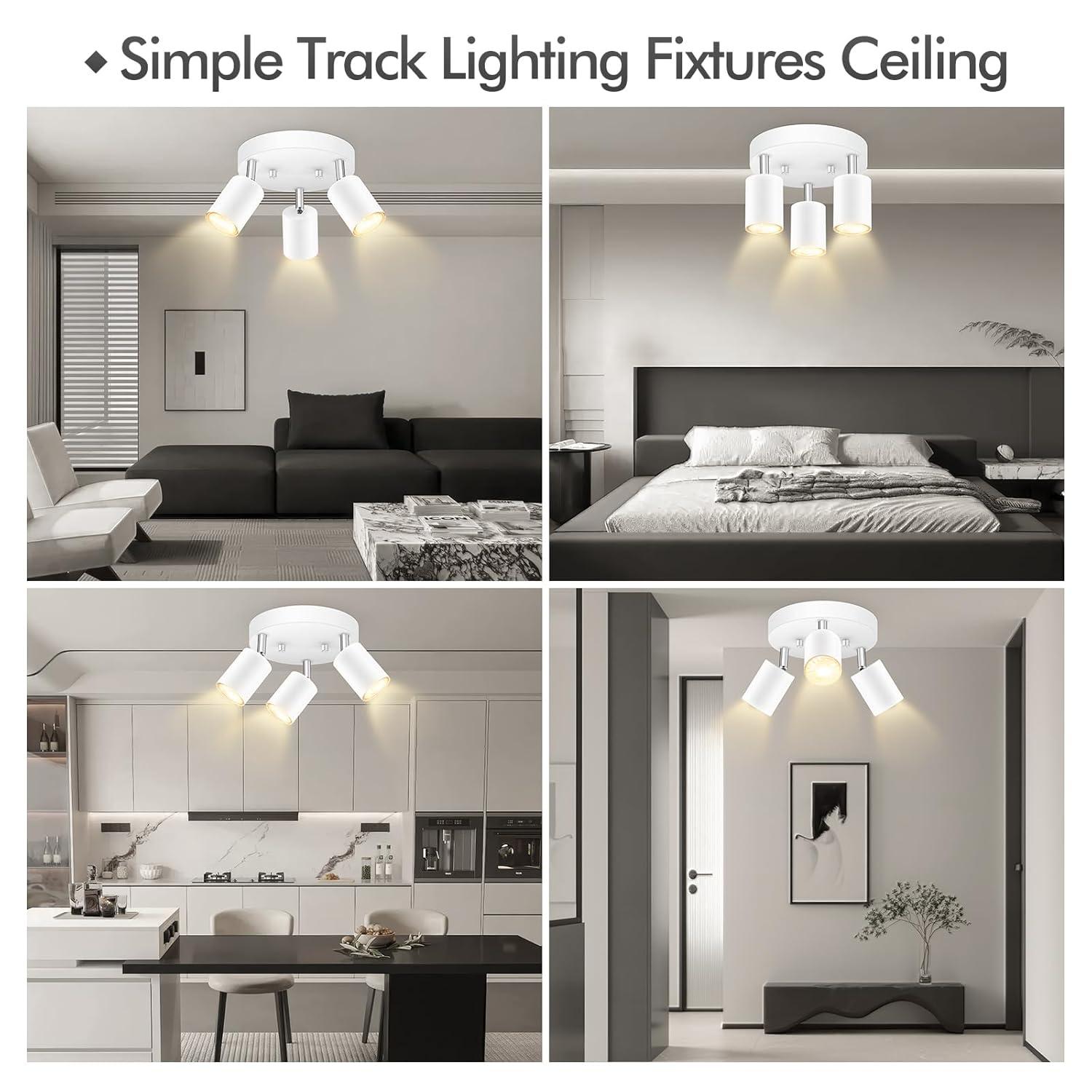 LED 3 Light Track Lighting Kit, LED Track Lighting Fixtures, White Round Ceiling Spot Lighting, Flexibly Rotatable Light Head for Kitchen, Living Room, Bedroom, GU10 Bulb Not Included
