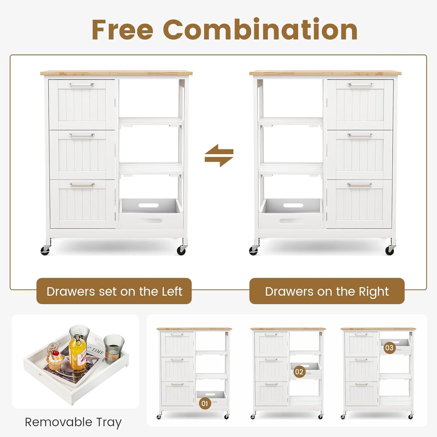 Kitchen Storage Island Cart on Wheels, Kitchen Rolling Trolley Cart with 3 Drawers and Shelves, 360° Wheels & Detachable Tray, Kitchen Island for Dining Room, Living Room & Bedroom