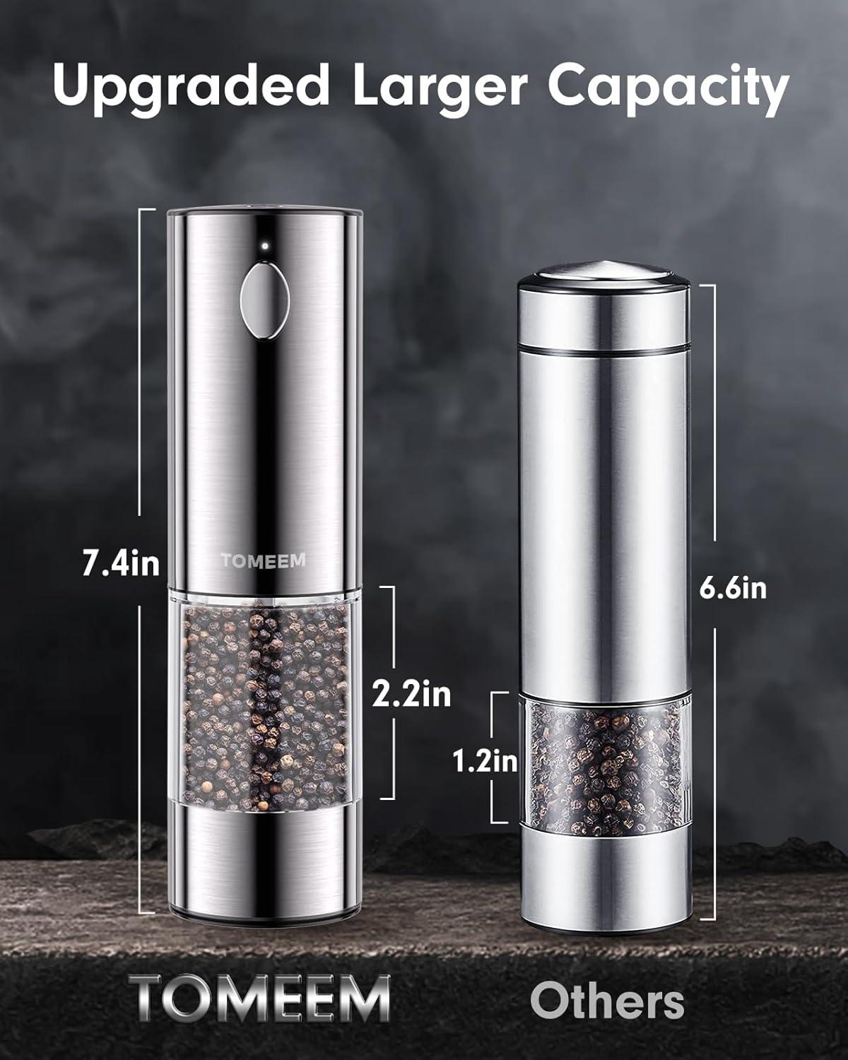 TOMEEM Electric Salt and Pepper Grinder Set Stainless Steel Automatic One Hand Operation Adjustable Coarseness Mill Grinders Shakers & LED Light Refillable