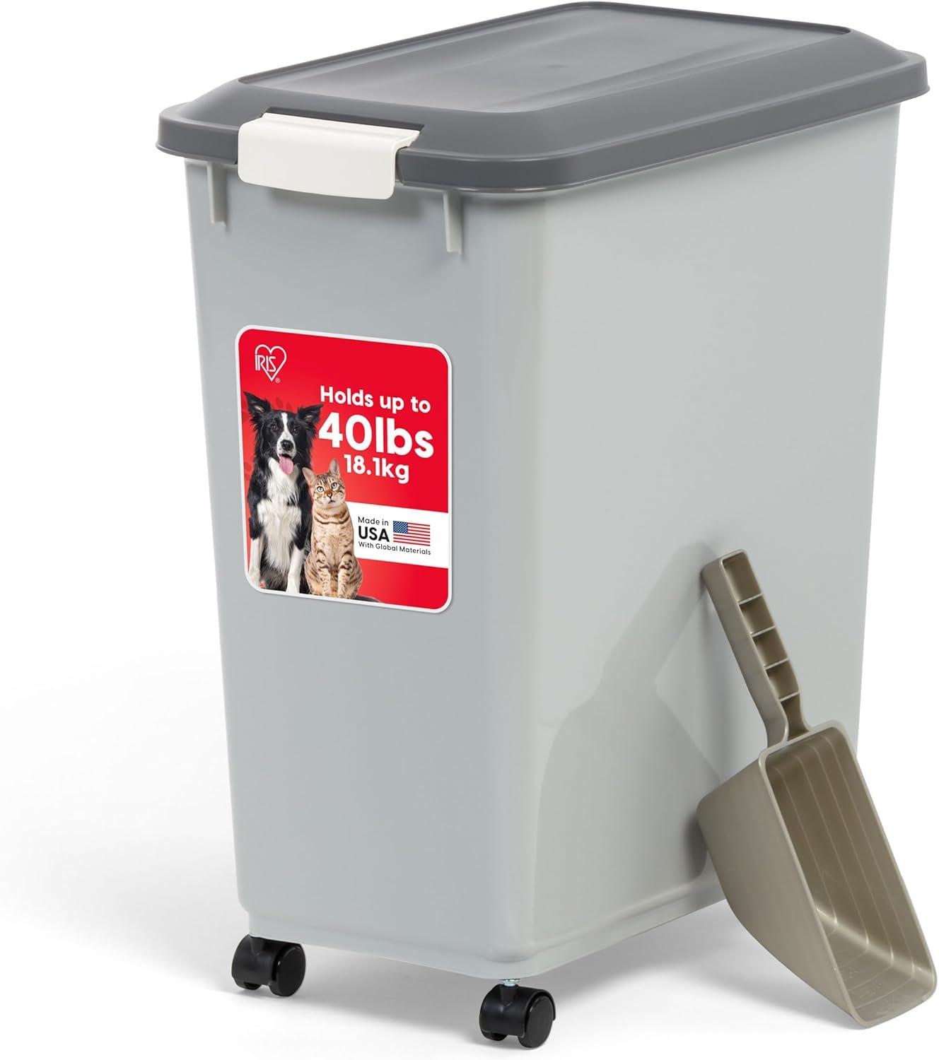 IRIS USA 40lbs Dog Food Storage Container with Wheels, 2-Cup Scoop, Gray/Dark Gray