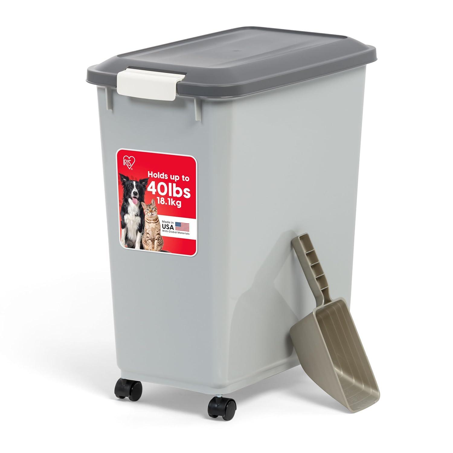 IRIS USA 40lbs Dog Food Storage Container with Wheels, 2-Cup Scoop, Gray/Dark Gray