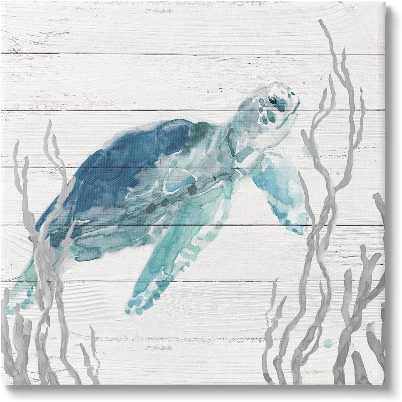 Stupell Industries Sea Turtle Ocean Botanicals Rustic Plank Pattern Graphic Art Gallery Wrapped Canvas Print Wall Art, Design by Carol Robinson