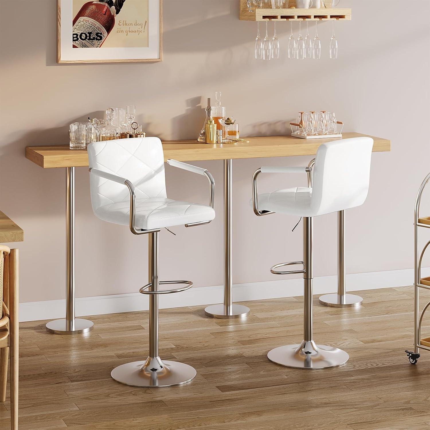 ChicCrest Tall Bar Stools Set of 2 Modern Square PU Leather Adjustable BarStools Counter Height Stools with Arms and Back Bar Chairs 360 Swivel Stool White