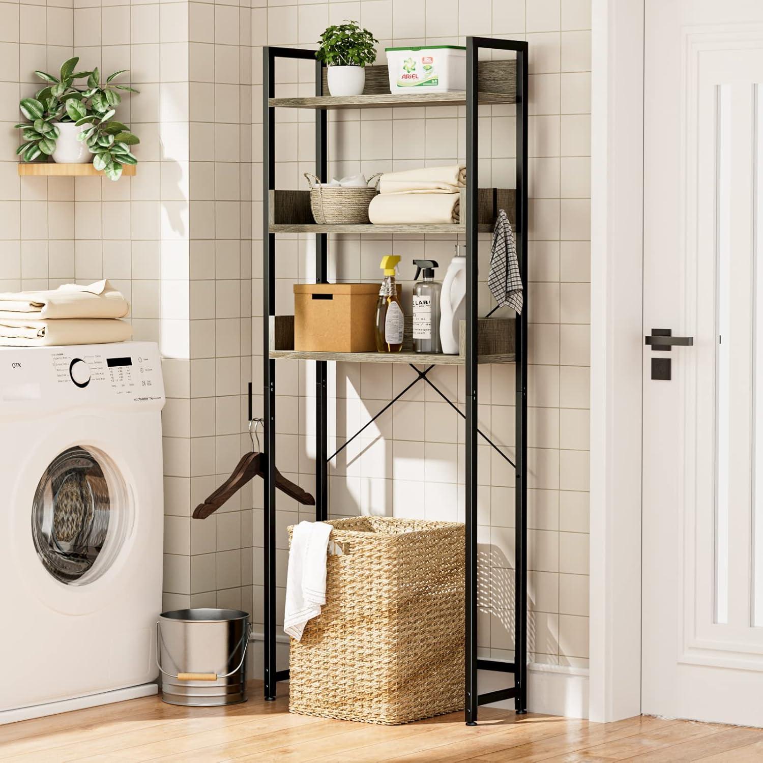 White Oak Freestanding Over-The-Toilet Storage Rack with Black Frame