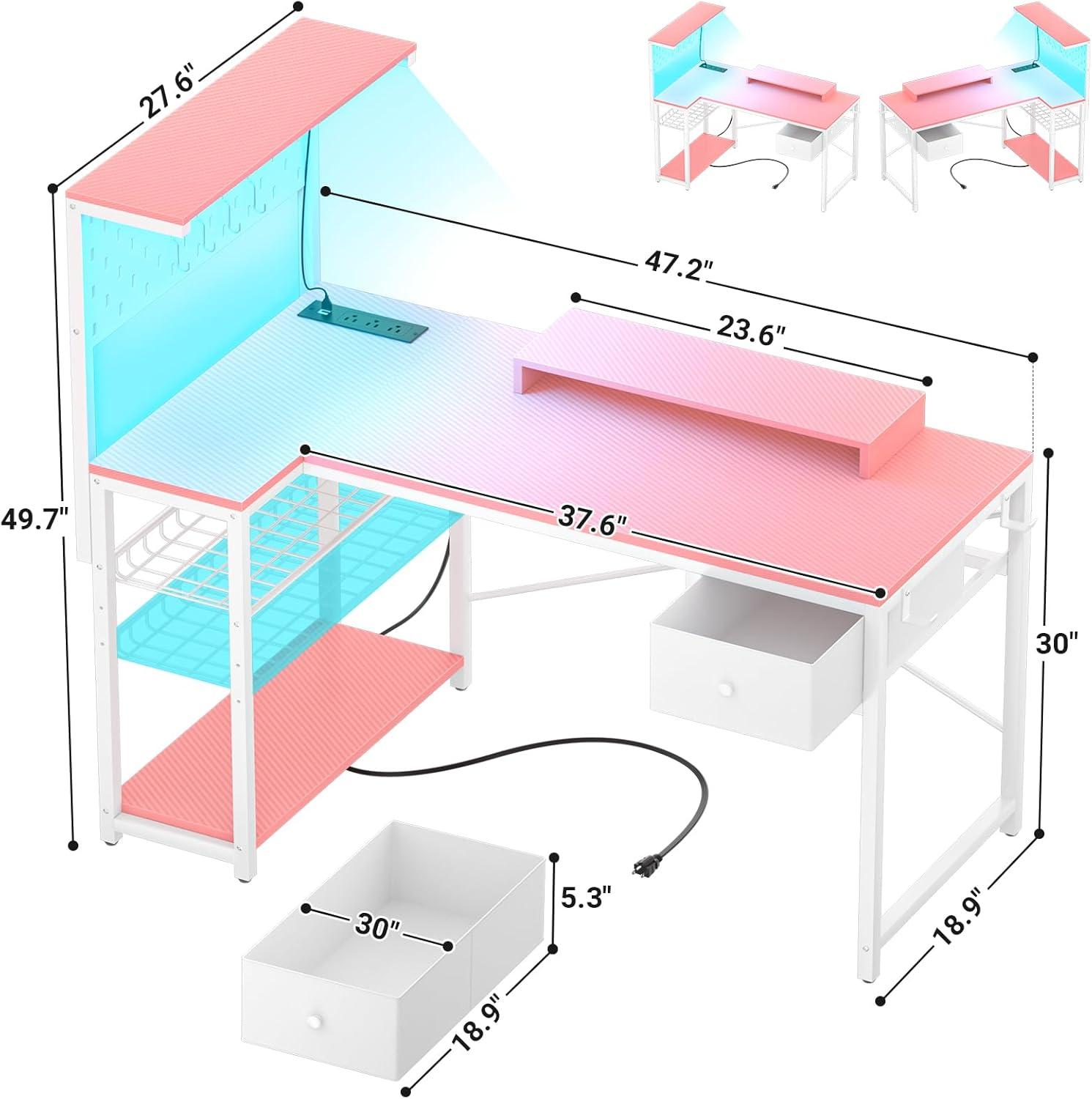 Pink L-Shaped Gaming Desk with Drawer and Power Outlet