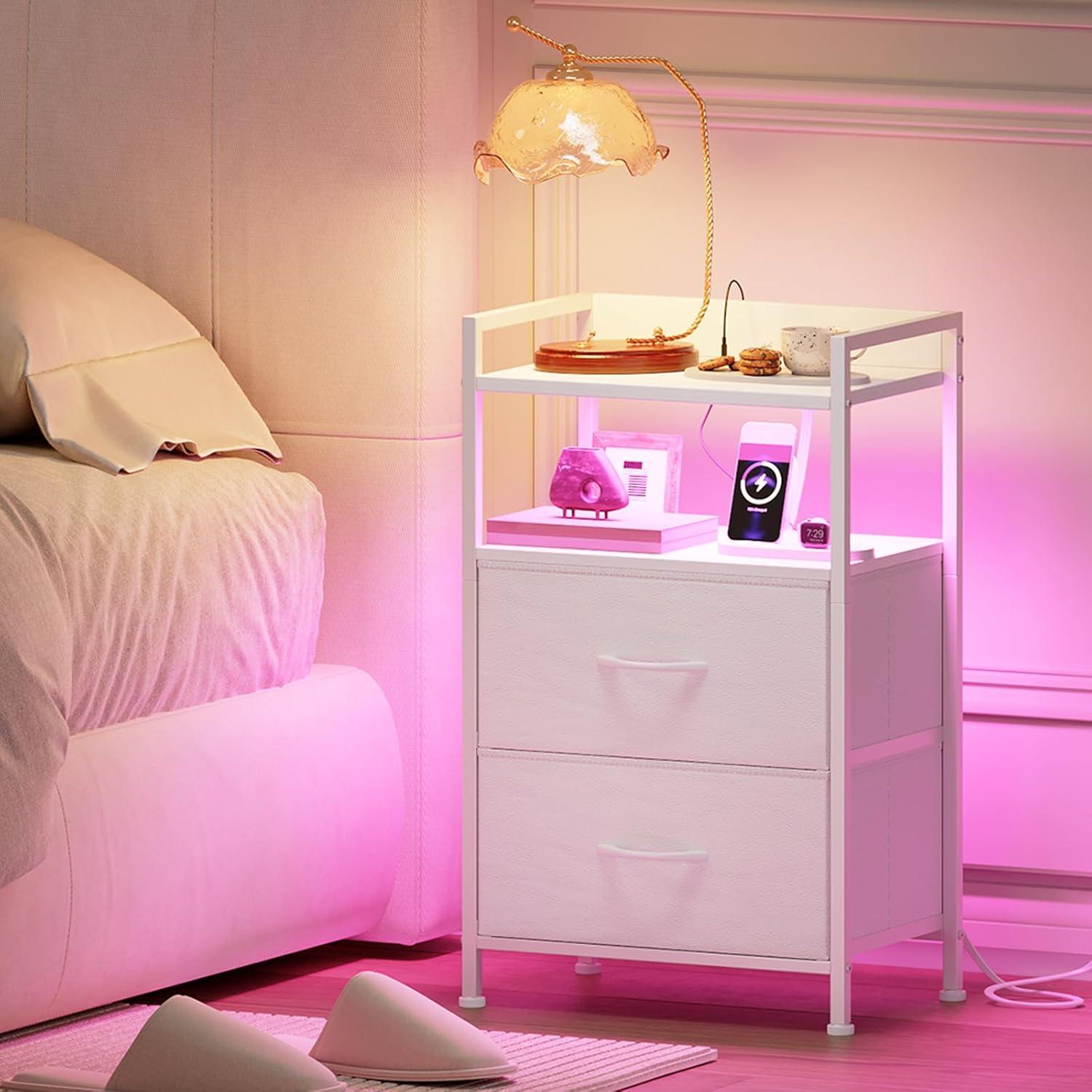 Eunos White Tall Nightstand with Charging Station, 5 Fabric Drawer Dresser for Bedroom with LED and Handle