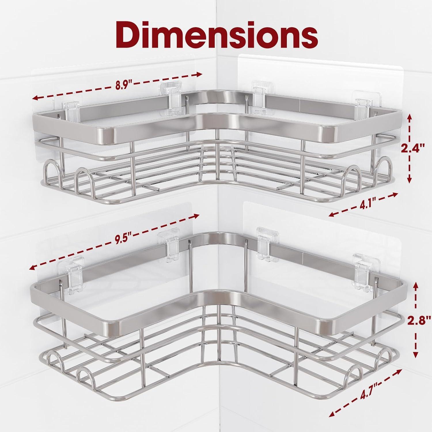 Corner Shower Caddy - 2 Pack, Adhesive Shower Organizers, Rustproof Stainless Steel Shower Shelves with 8 Hooks, No Drilling Bathroom Organizers and Storage Racks, Space-Saving, Silver, Medium