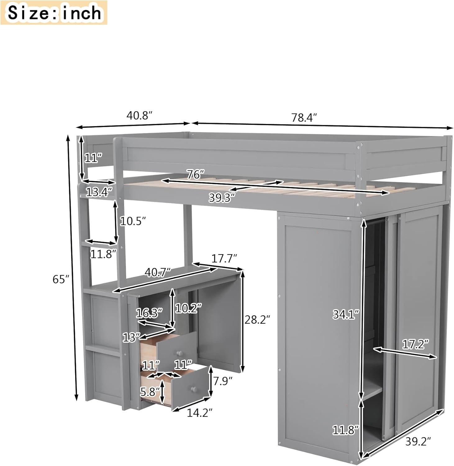 Harper & Bright Designs Twin Size Loft Bed with Wardrobes and Desk, Solid Wood Loft Bed Frame with 2 Storage Drawers Cabinet, for Kids Teens Adults (Gray)