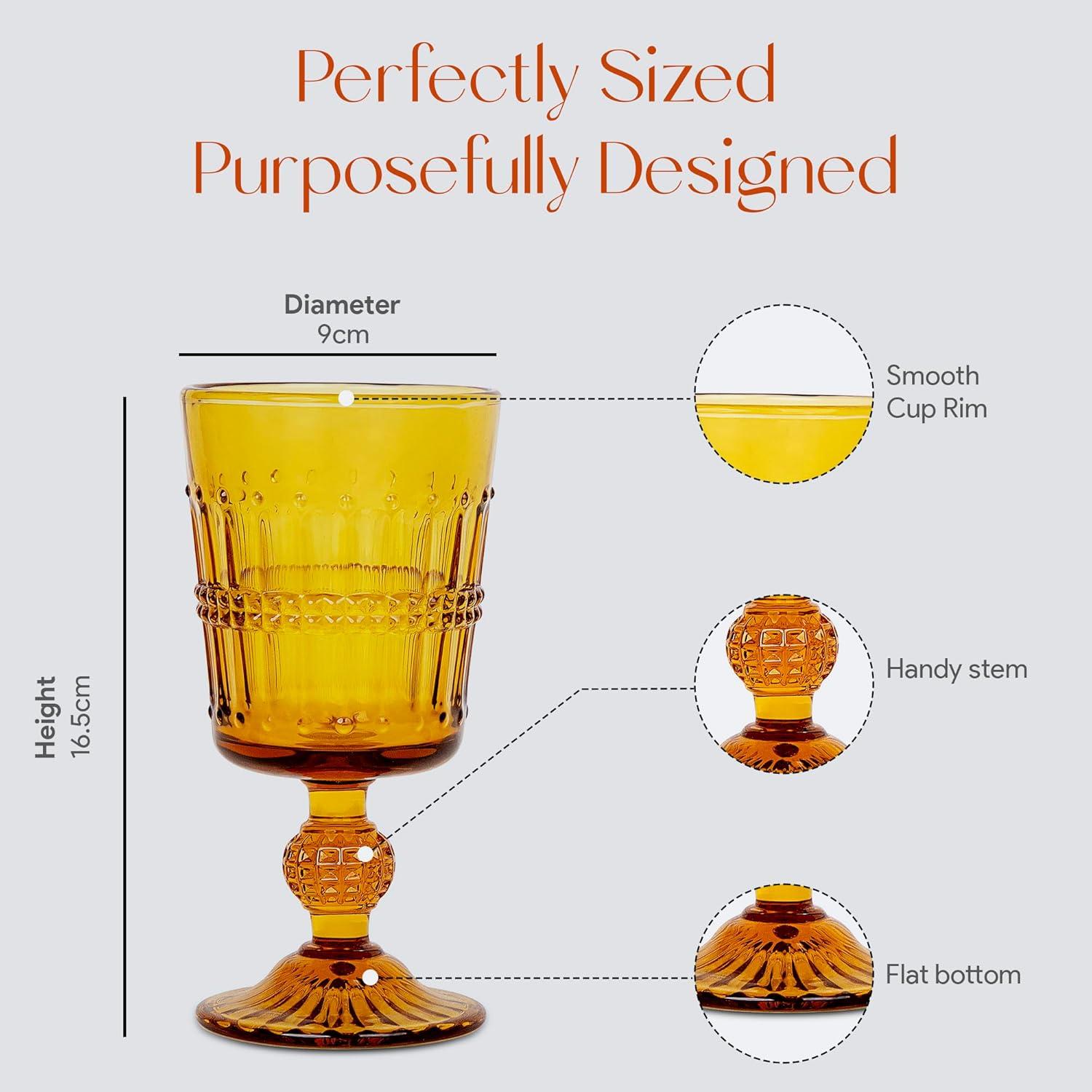 American Atelier Vintage Old Fashion 10 oz. Whiskey Glasses, Romantic Water Tumblers, Barware Glasses for Cocktails, Embossed Beaded, Set of 4, Amber