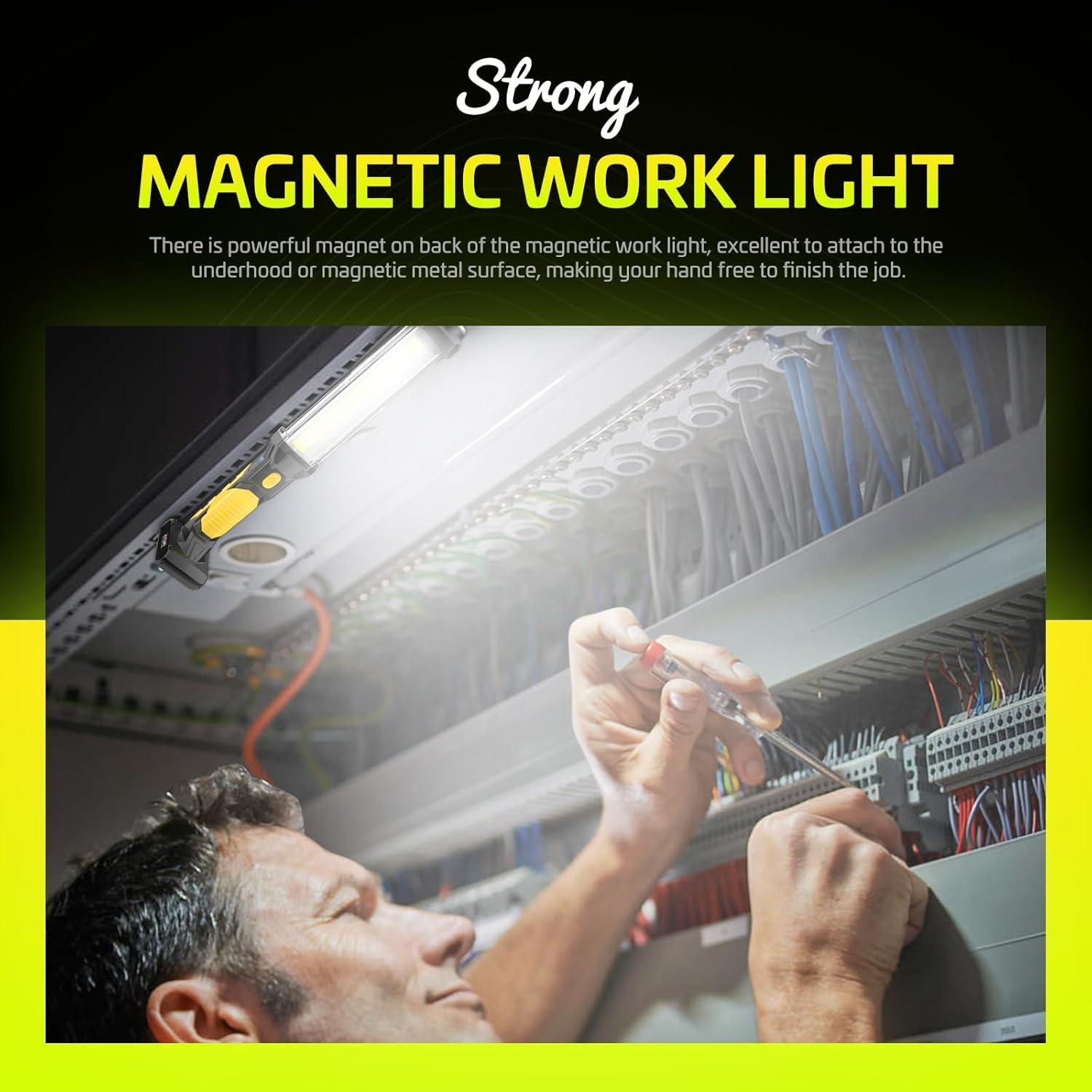 WARSUN Work Light Rechargeable LED 1500 Lumens Super Bright COB Portable Work Lights Magnetic Base and Hook Work Flashlight for Car Repair Machine Emergency, Father Day Tool Gifts for Men Dad, Yellow