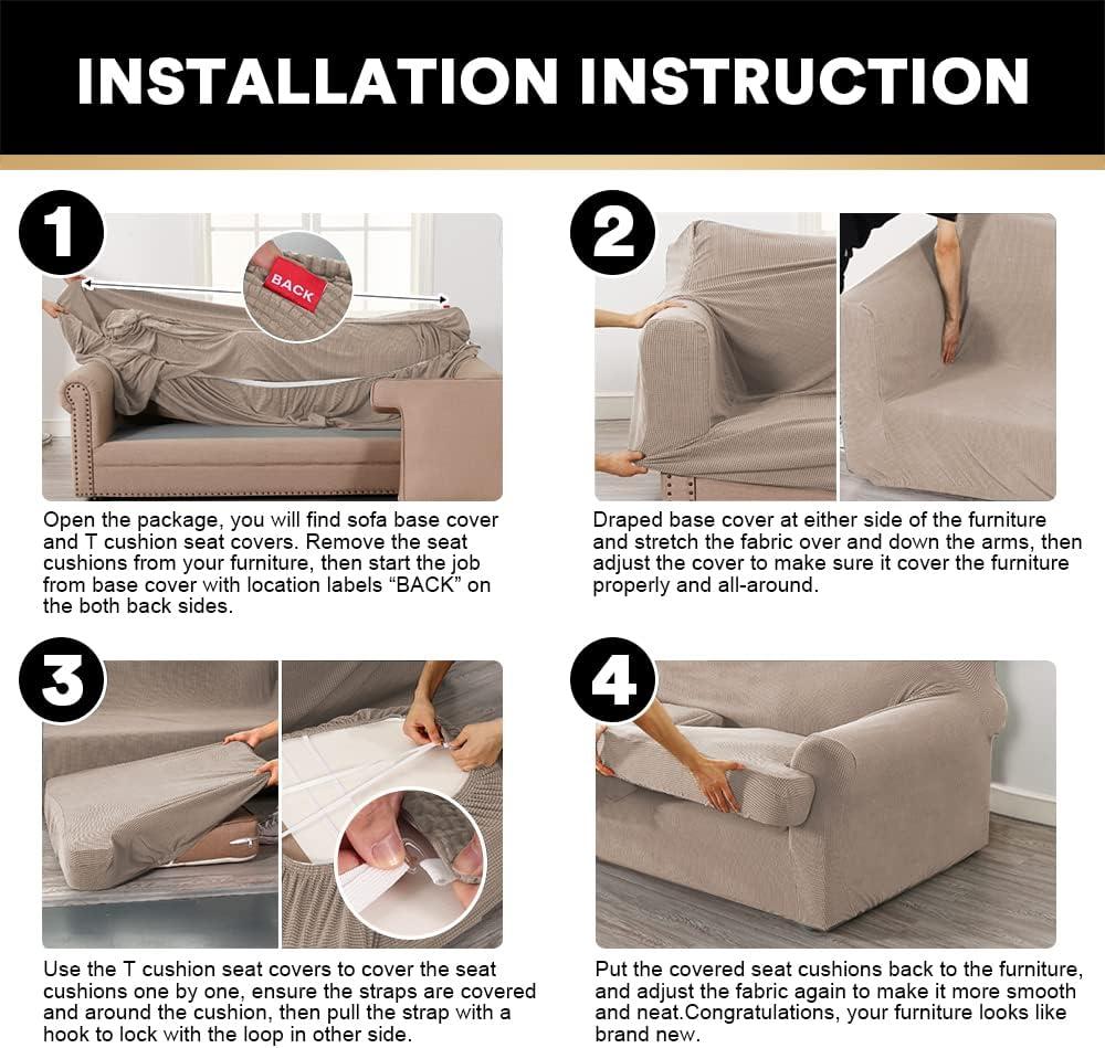 PrinceDeco T Cushion Sofa Slipcover 4 Pieces Sofa Covers for T Cushion Sofa Soft Couch Cover Sofa Slip Covers Furniture Covers with 3 Individual T Cushion Shape Seat Covers Machine Washable, Sand