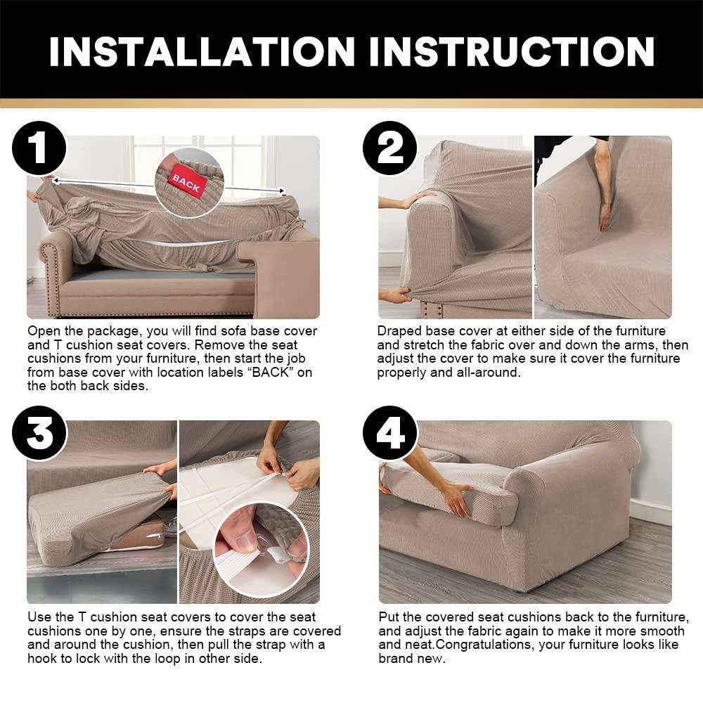 PrinceDeco T Cushion Sofa Slipcover 4 Pieces Sofa Covers for T Cushion Couch Soft Sofa Slip Covers Furniture Protector with 3 Individual T Shape Seat Covers Width Up to 90 Inch, Sand