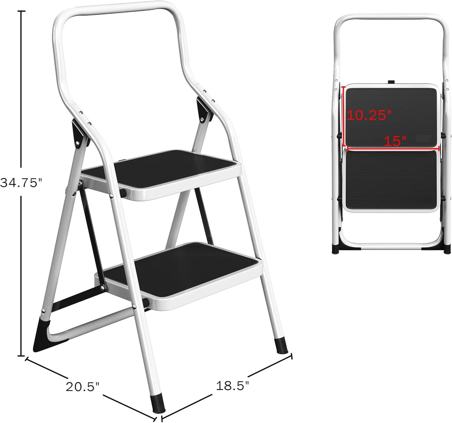 White Foldable 2-Step Steel Ladder with Handrails and Tool Bag