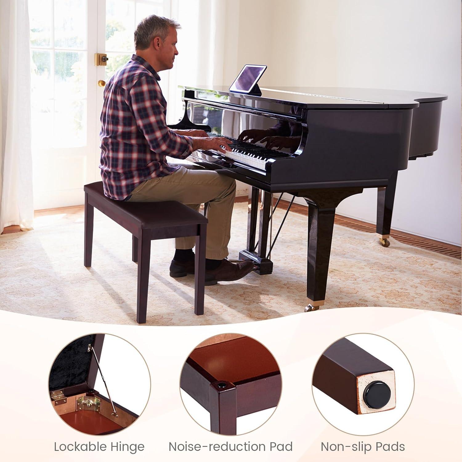 Tangkula PU Leather Piano Bench Solid Wood Padded Double Duet Keyboard Seat w/ Storage Box Black