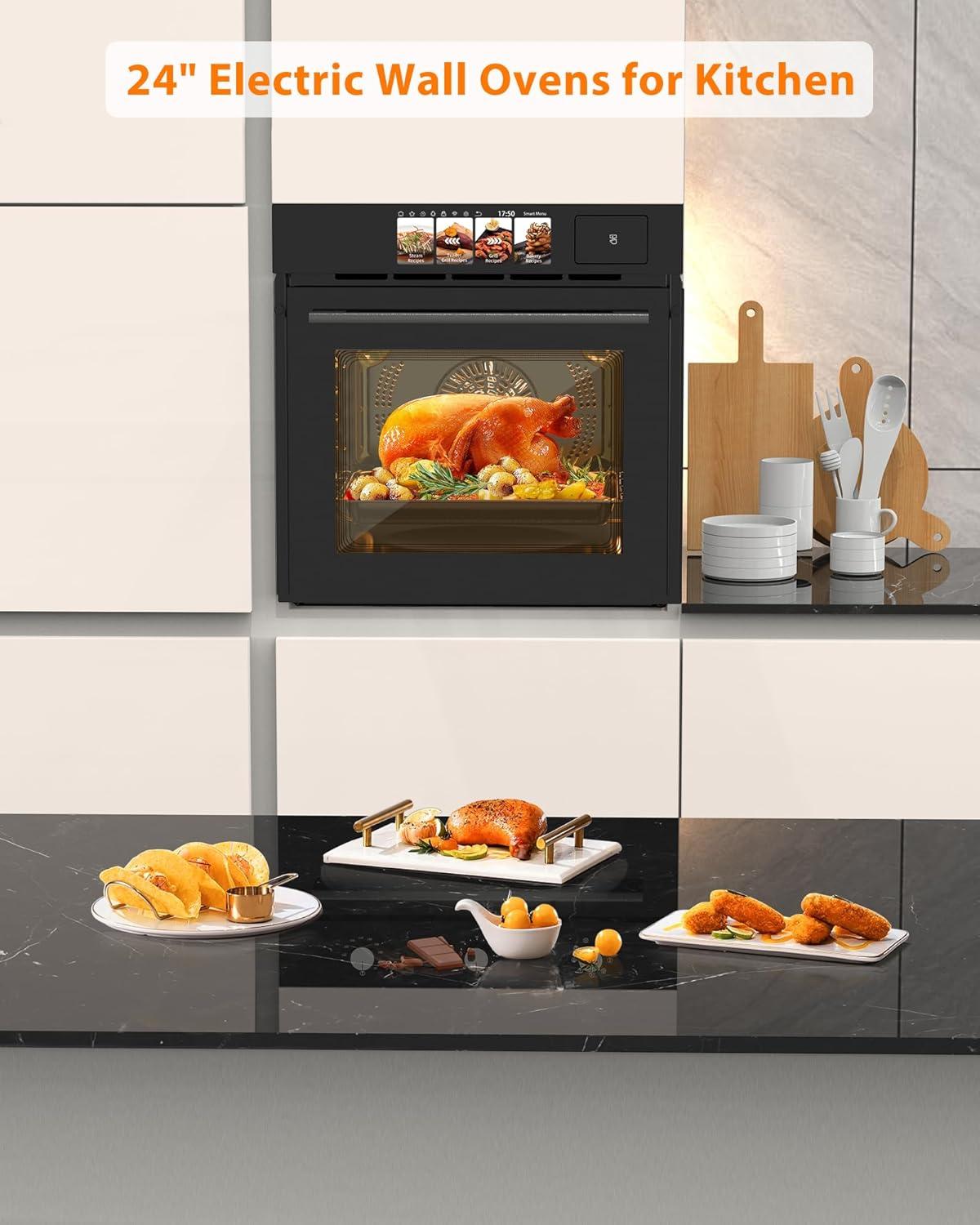 24" Electric Ovens Single Wall Oven,2.5Cu.ft Convection Built-in Oven,with 8 Cooking Mode, 3000W, 240V,  Stainless Steel, Colorful Touch Screen, Transparent Window, Black