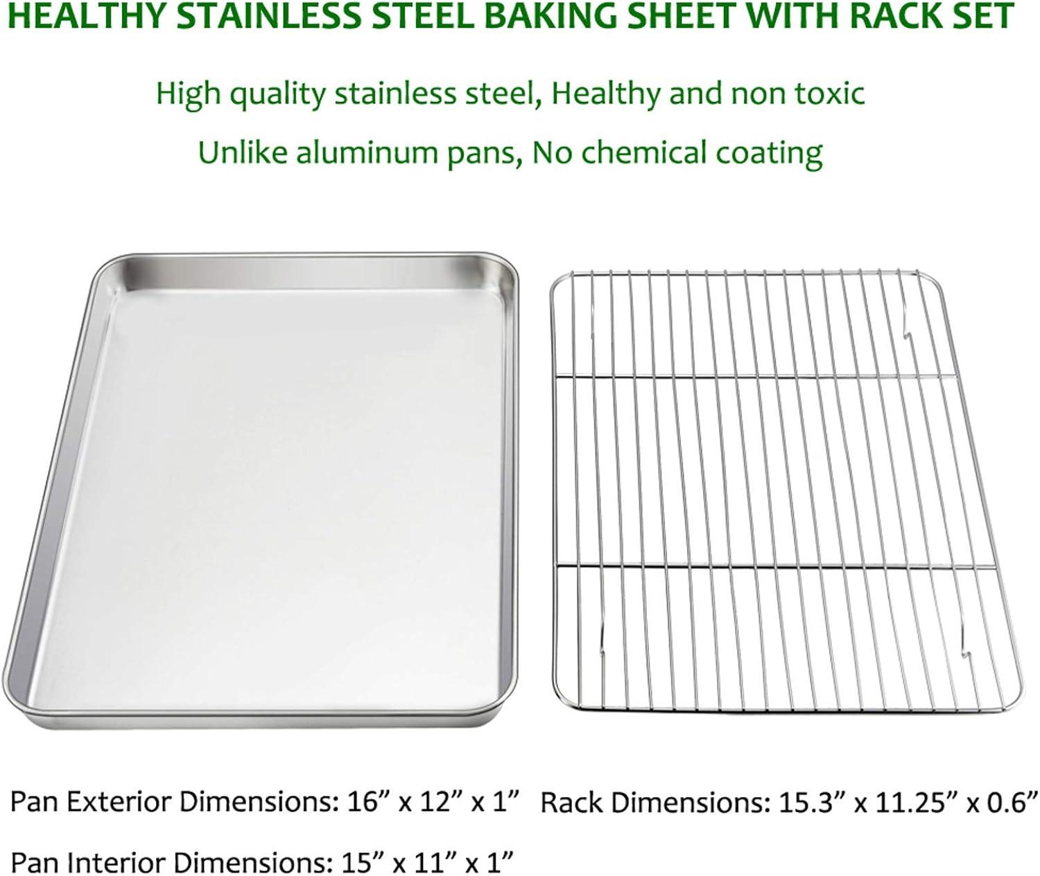 Baking Sheet with Rack Set, E-far Stainless Steel Baking Pans Tray Cookie Sheet with Cooling Rack, 16 x 12 x 1 inch, Non Toxic & Healthy, Rust Free & Dishwasher Safe - 4 Pieces (2 Sheets 2 Racks)