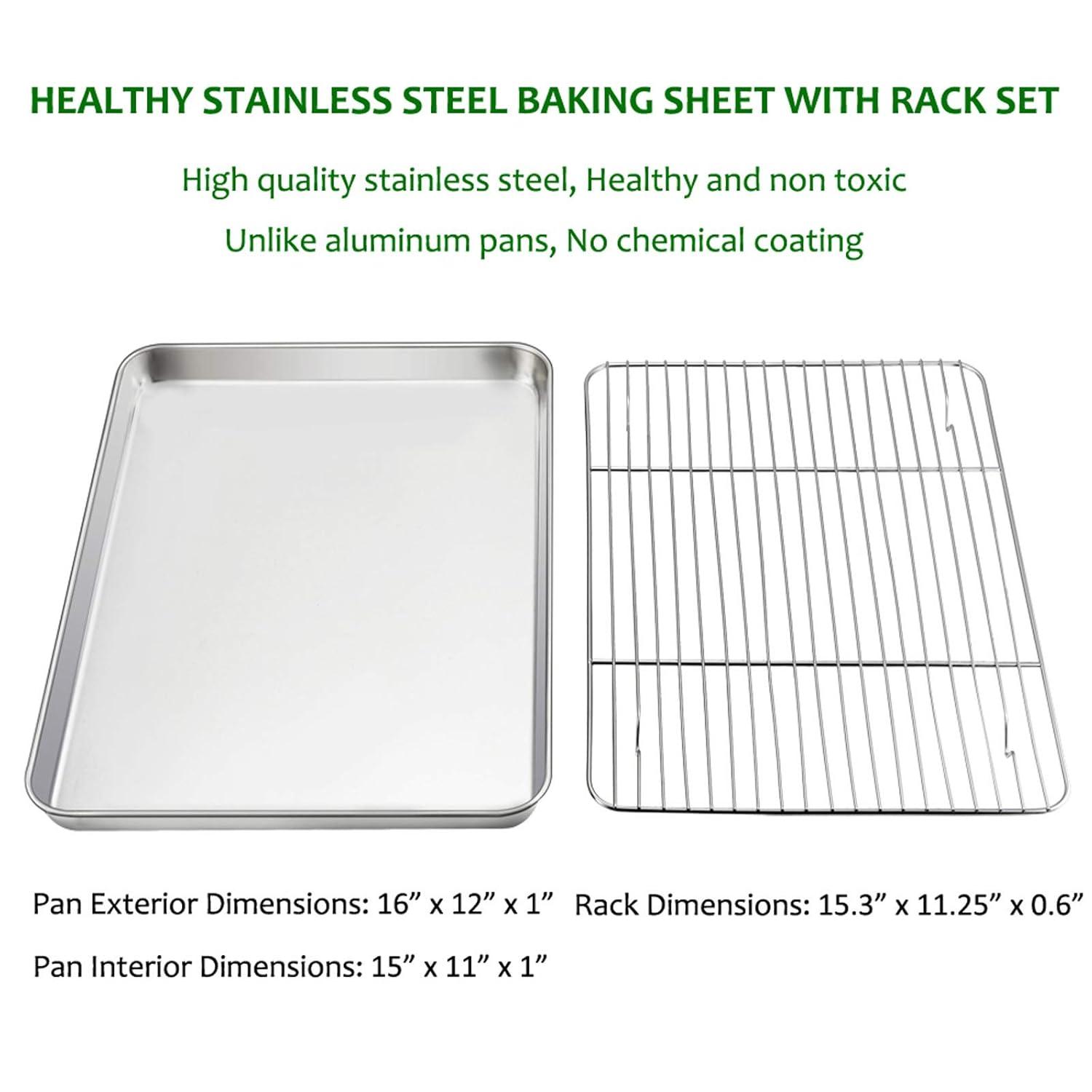 Baking Sheet with Rack Set, E-far Stainless Steel Baking Pans Tray Cookie Sheet with Cooling Rack, 16 x 12 x 1 inch, Non Toxic & Healthy, Rust Free & Dishwasher Safe - 4 Pieces (2 Sheets 2 Racks)