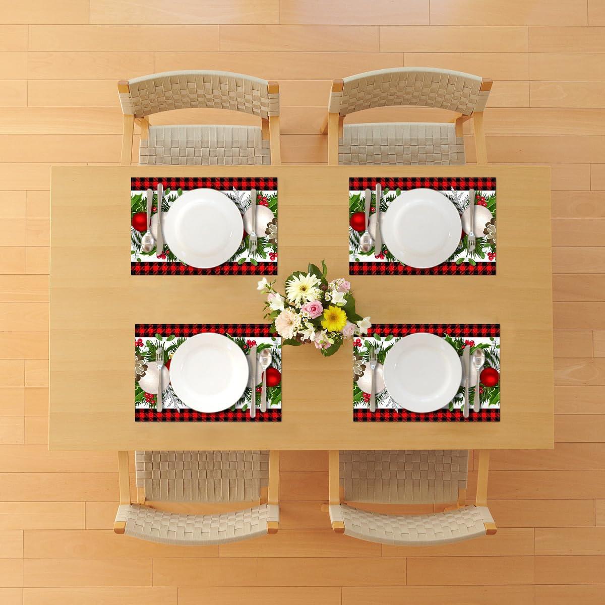 Linen Red and Black Buffalo Check Plaid Christmas Placemats Set of 4 Farmhouse Winter Christmas Xmas Holiday Home Kitchen Table Decorations