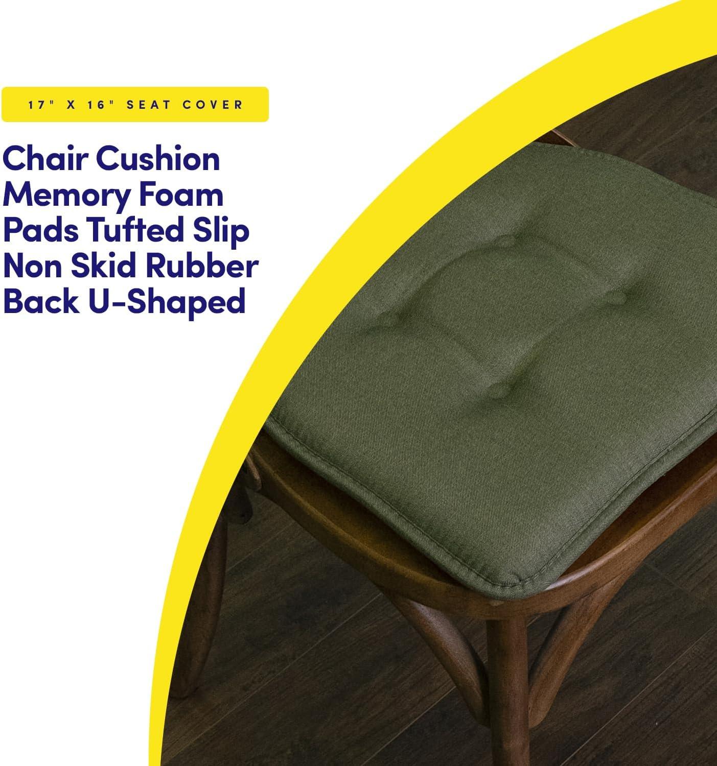 Solid Color U Shaped Memory Foam 17" x 16" Chair Cushions, Army Green, 4 Pack