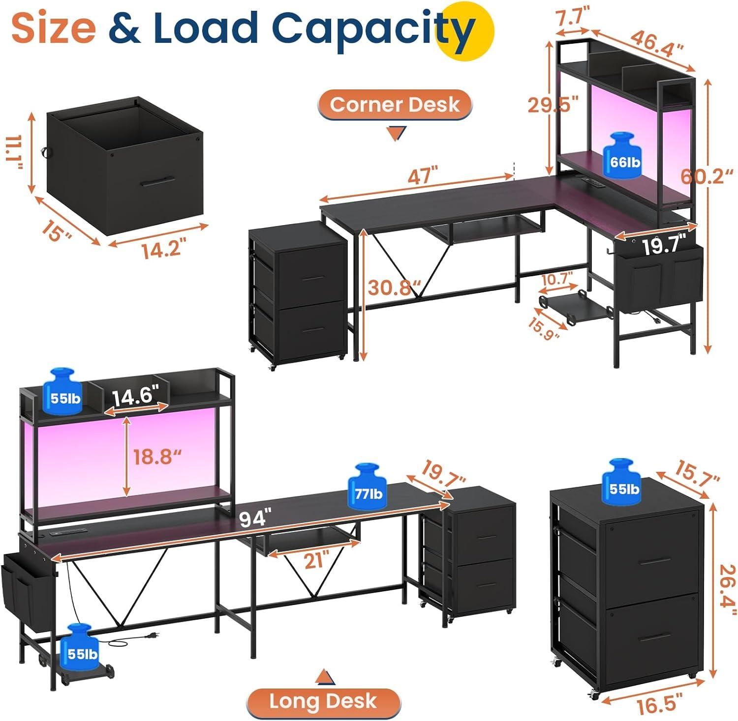 ADORNEVE Adult Collection Modern L-Shaped Power Outlet and LED Strip Desk, Rustic Brown