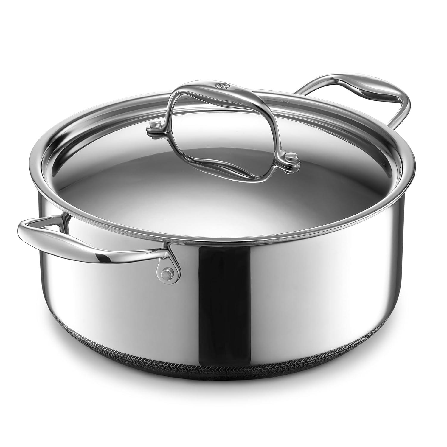 HexClad 5 Quart Hybrid Stainless Steel Pot with Glass Lid, Nonstick