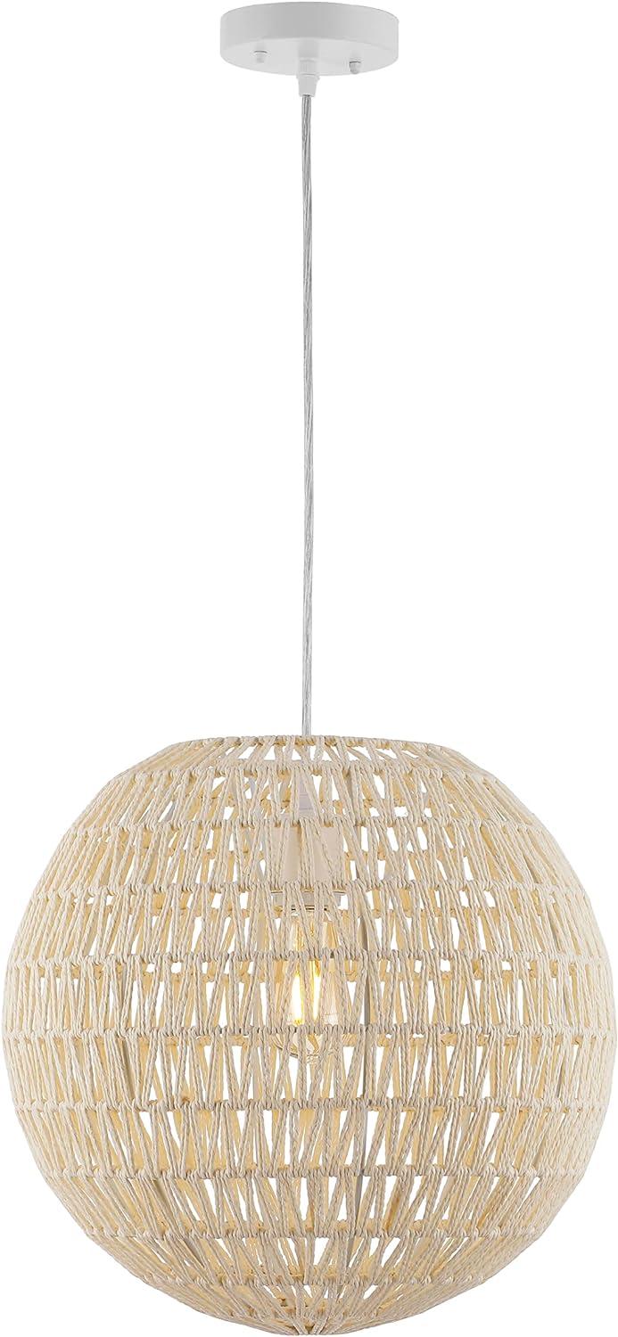 Luna 15.75" 1-Light Bohemian Modern Woven Rattan/Iron LED Pendant, Cream/White