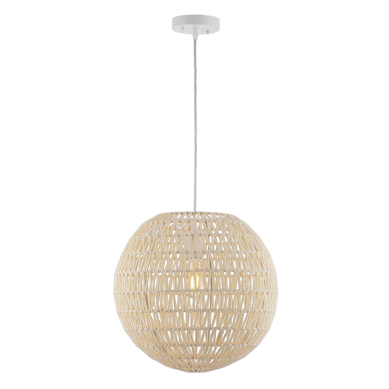 Luna 15.75" 1-Light Bohemian Modern Woven Rattan/Iron LED Pendant, Cream/White