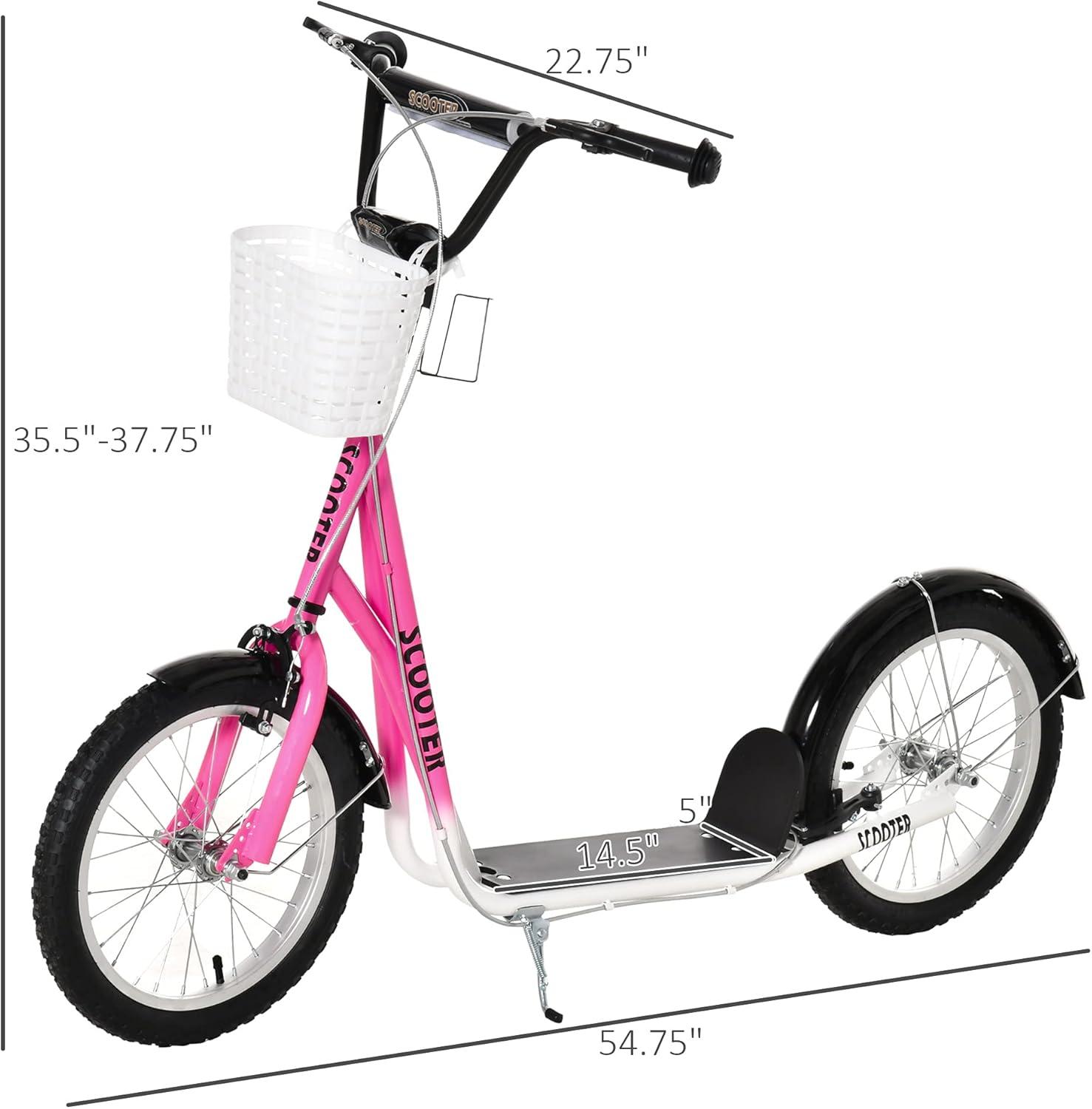 Aosom Youth Scooter, Kick Scooter with Adjustable Handlebars, Double Brakes, 16" Inflatable Rubber Tires, Basket, Cupholder, Mudguard Ages 5-12 years old