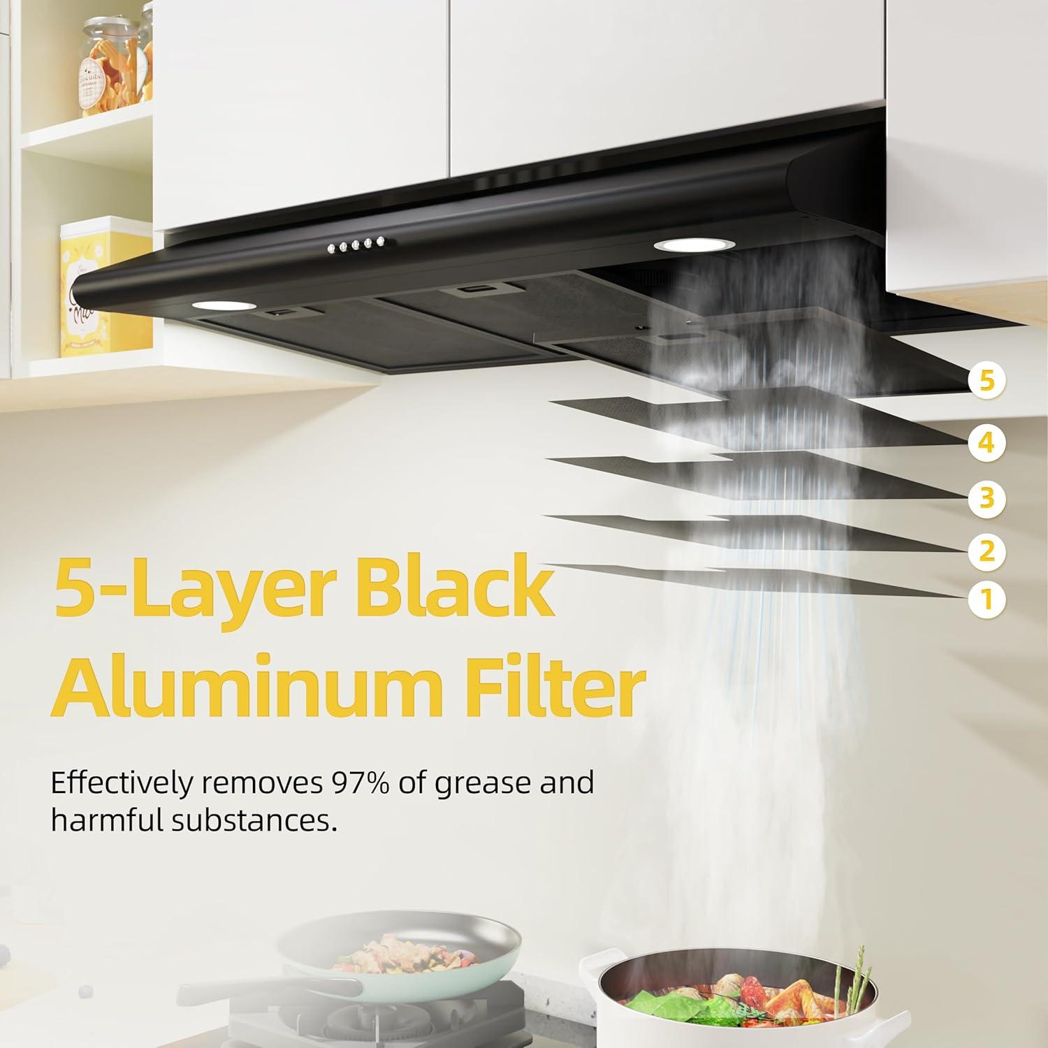 FIREGAS 36 inch Under Cabinet Range Hood 300CFM with Ducted/Ductless Convertible, Slim Kitchen Over Stove Vent, 3 Speed Exhaust Fan, Reusable Aluminum Filters, Push Button, Black