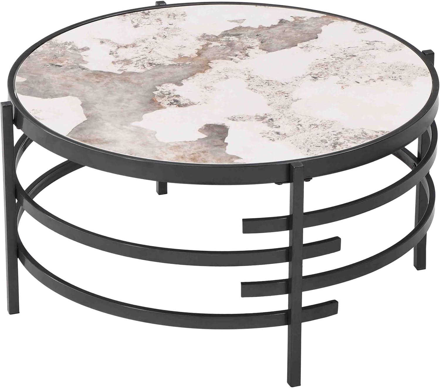 Gray Round Coffee Table with Sintered Stone Top and Metal Frame