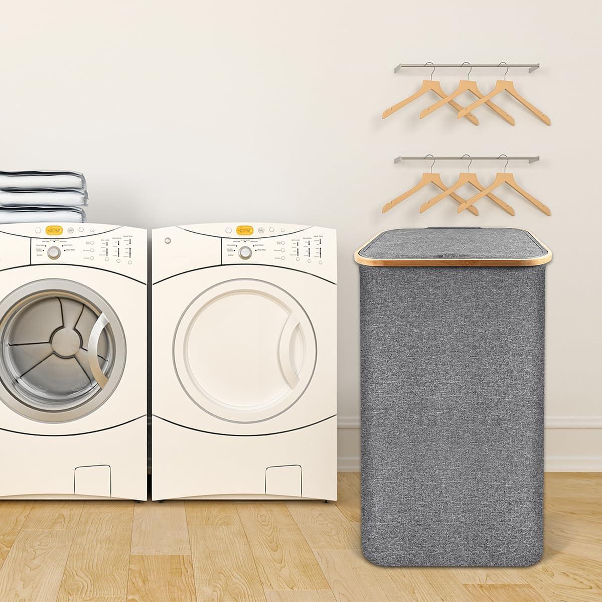 Efluky Laundry Basket with Lid and Removable Bag, 100L Tall Laundry Hamper with Bamboo Handles, Aesthetic Dirty Clothes Bin for Laundry Room, Bathroom, Bedroom and Dorm,Grey