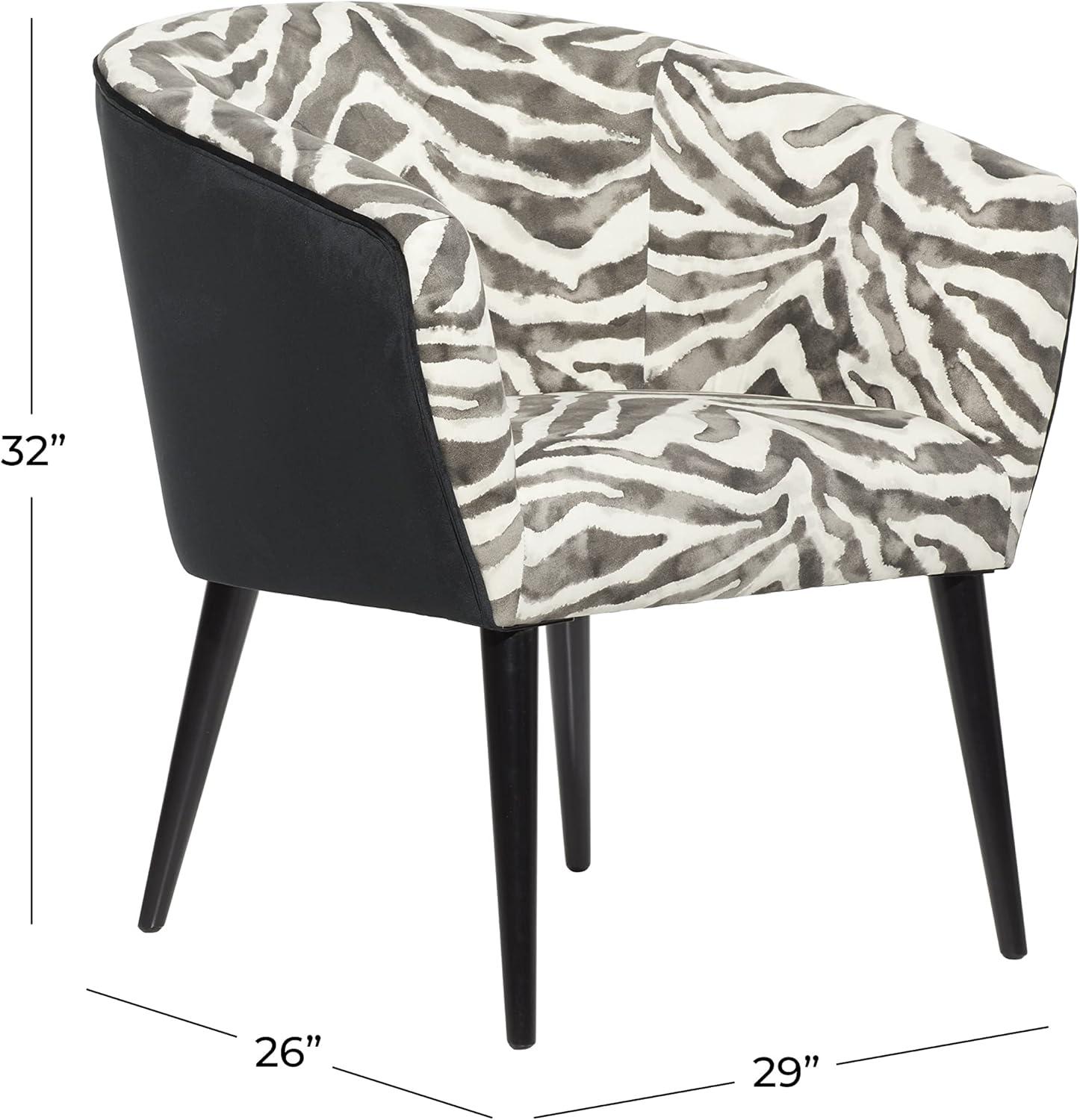 Black Velvet Zebra Print Wood Accent Chair