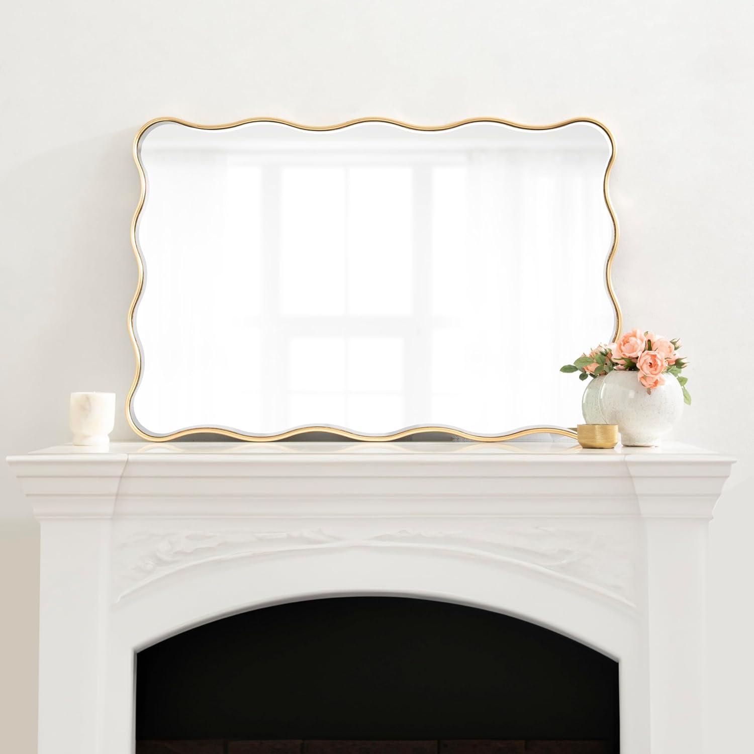 Kate & Laurel All Things Decor 24"x36" Viona Rectangle Scalloped Mirror Gold: Elegant Wavy Design, No Assembly Required