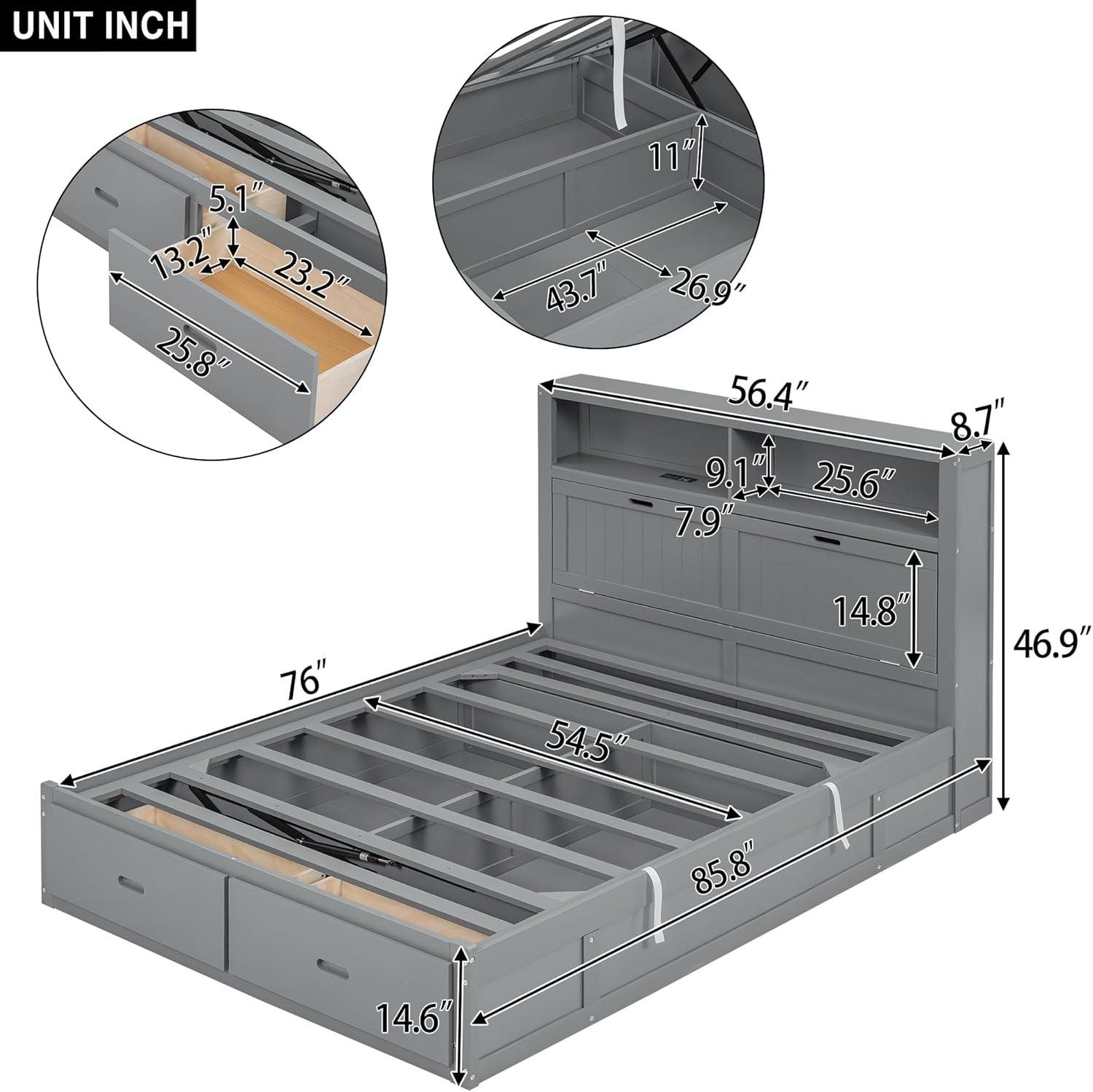 Linique Hydraulic Platform Bed, Wood Full Size Bed Frame with Storage LED Headboard, Built-in Charging Station and 2 Drawers (White)