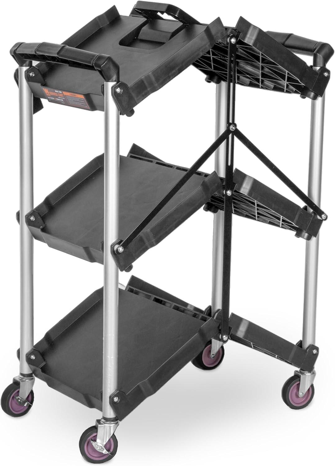 Compact Black and Silver Foldable Three-Tier Utility Cart