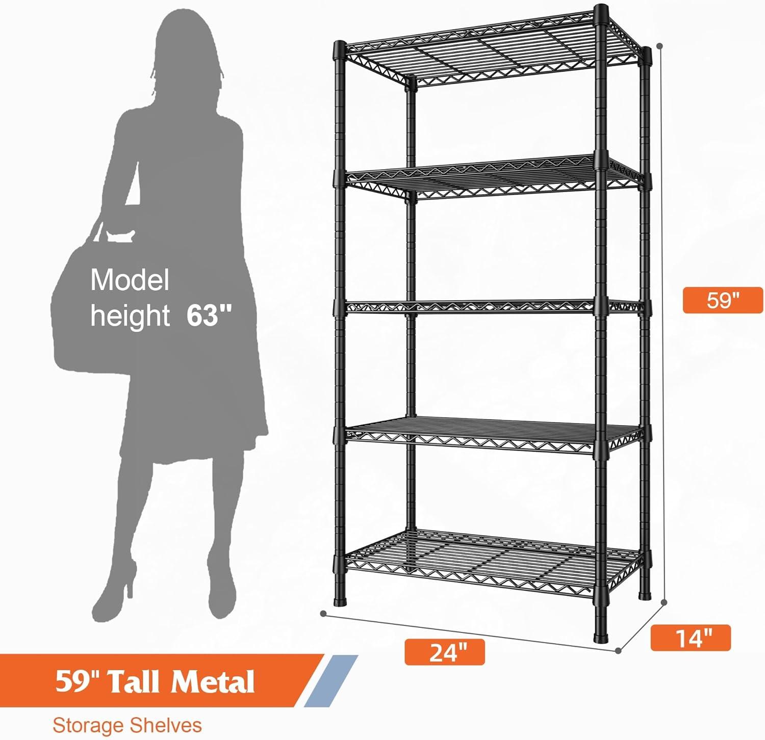 Wire Shelving Rack 5-Tier Metal Shelves for Storage Adjustable Garage Shelving Heavy Duty Storage Shelves for Storage Rack, 24" W X 14" D X 59" H