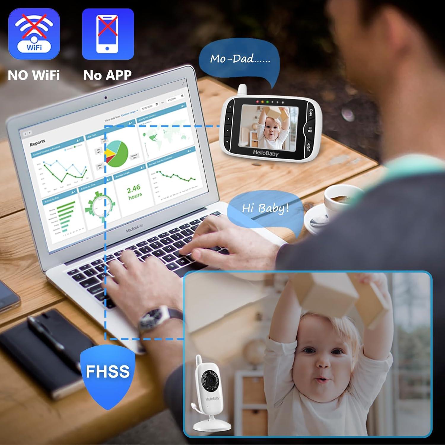 Video Baby Monitor with Camera and Audio, 3.2Inch LCD Display, Infrared Night Vision, Two-Way Audio and Room Temperature Monitoring,Lullaby,Sound Activated Screen HB