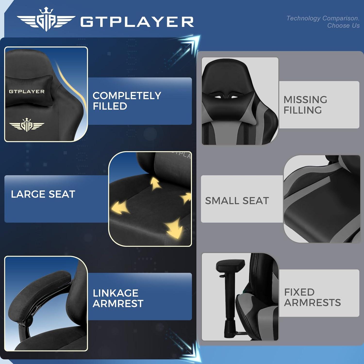 GTPLAYER Gaming Chair Fabric with Pocket Spring Cushion, Big and Tall Gaming Chair 350LBS High Back Computer Chair with Footrest for Adults Lumbar Support Swivel Game Chair for Office Gaming Black