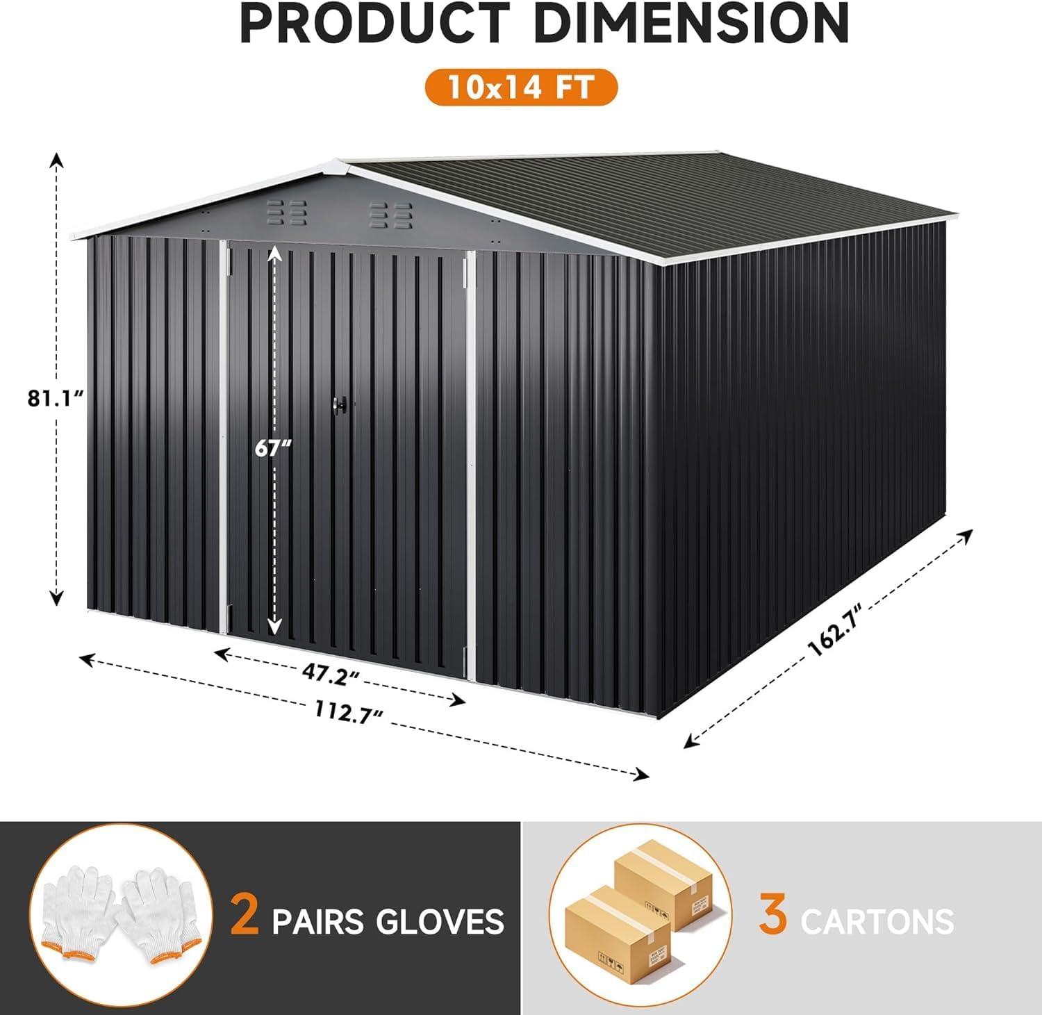 10 ft. W x 14 ft. D Outdoor Metal Shed Storage with Updated Frame Structure and Lockable Doors